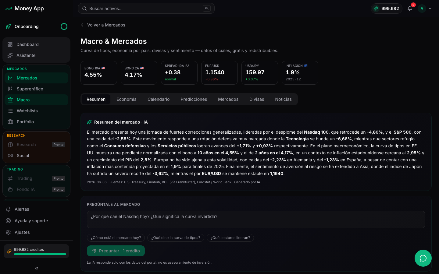IA de mercado de Money App: resumen diario del mercado citado y 'pregúntale al mercado' con datos en tiempo real