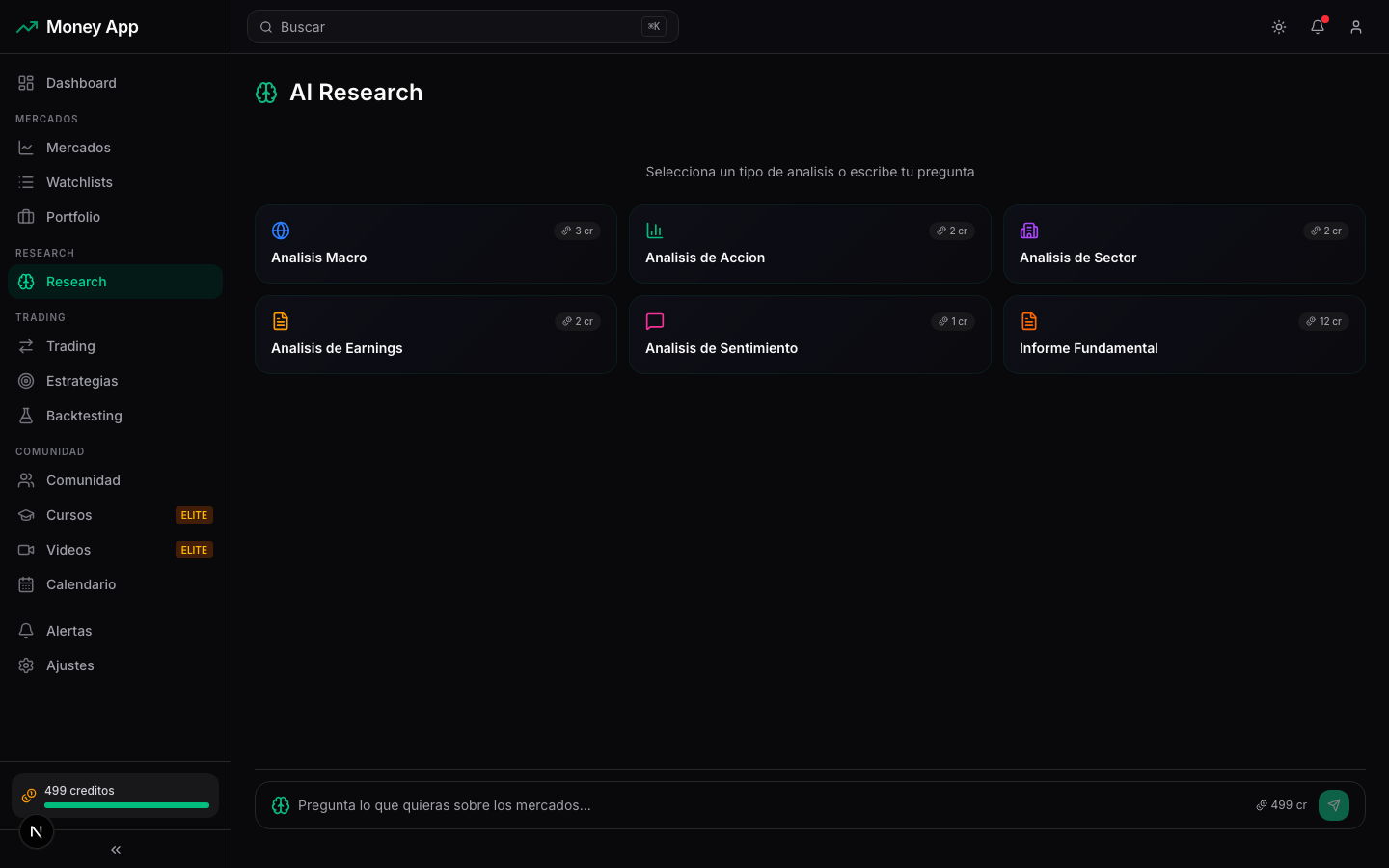 AI Research de Money App: análisis macro, de acción, sector, earnings, sentimiento e informe fundamental